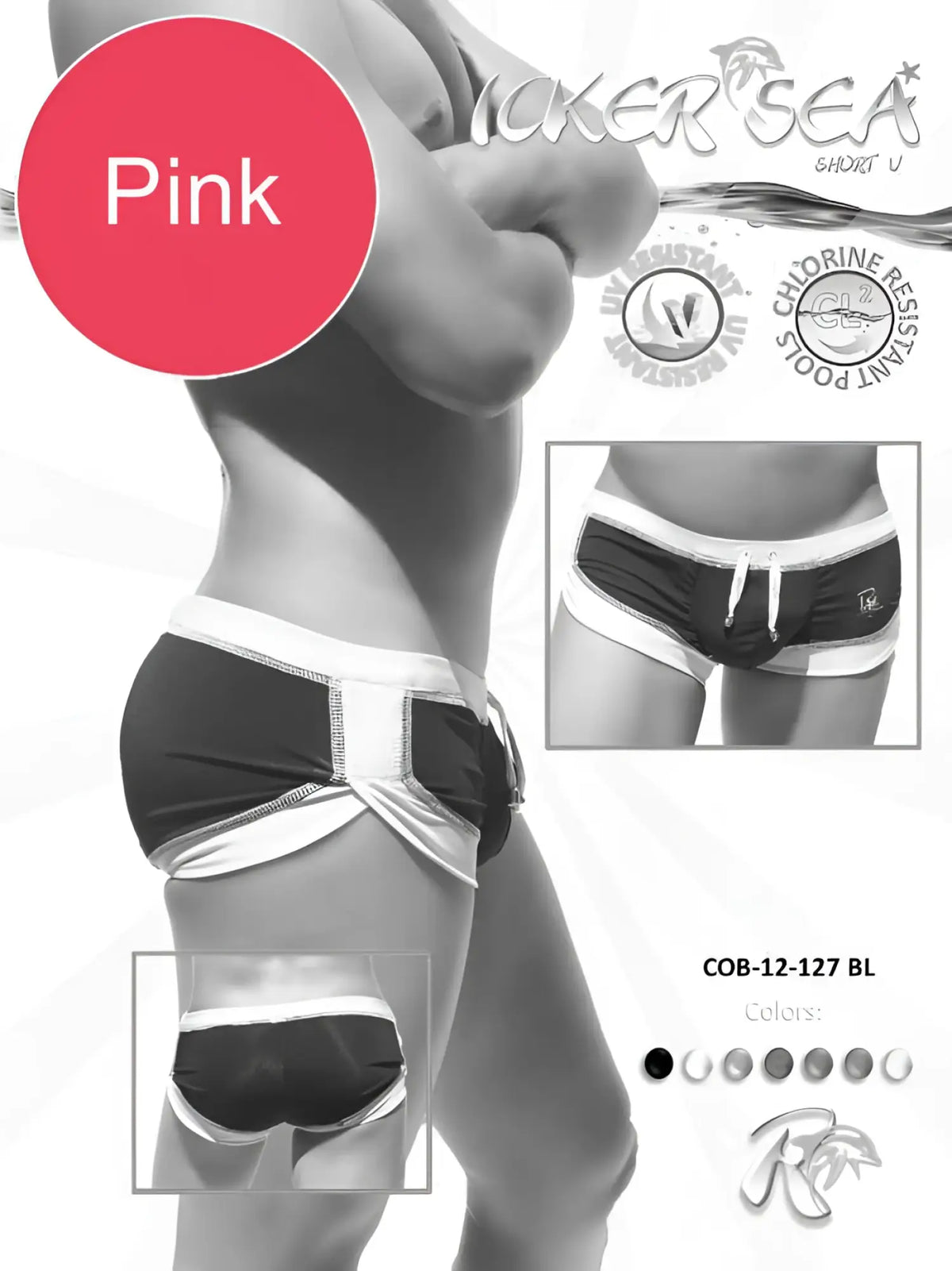 Pink and black icker sea curved hemline u shorts square cut swim trunks with white trim for swimwear use
