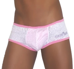 Pink lace-trimmed white men’s boxer briefs with subtle pattern and branded waistband logo from Icker Sea Devoured collection