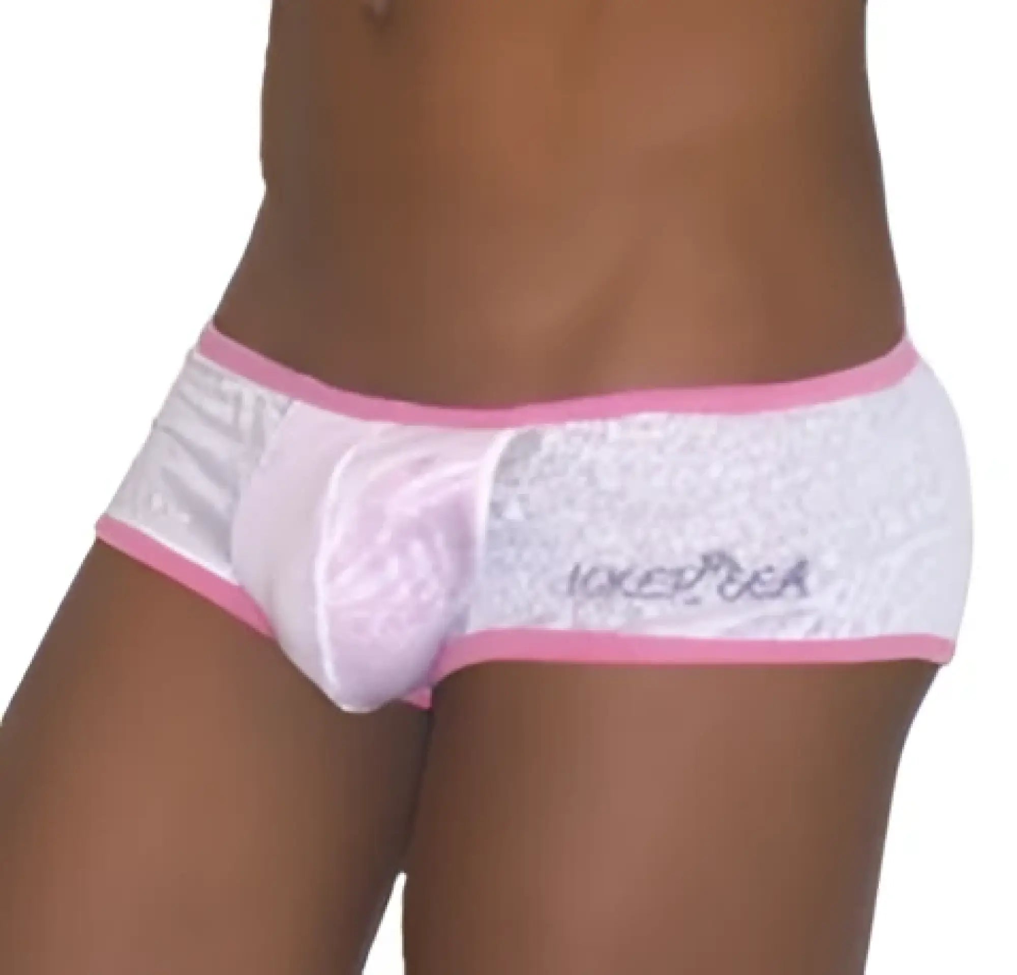 White satin boxer briefs with pink trim and sparkling sweet design from icker sea devoured underwear collection