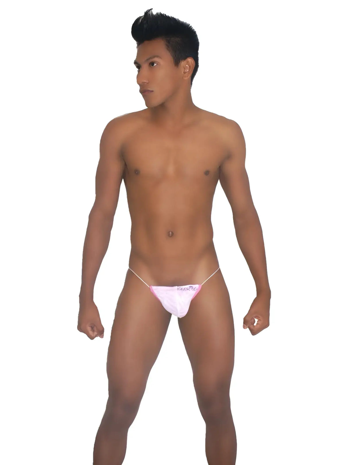 Pink thong underwear with thin white elastic straps and small logo front by icker sea devoured micro g string