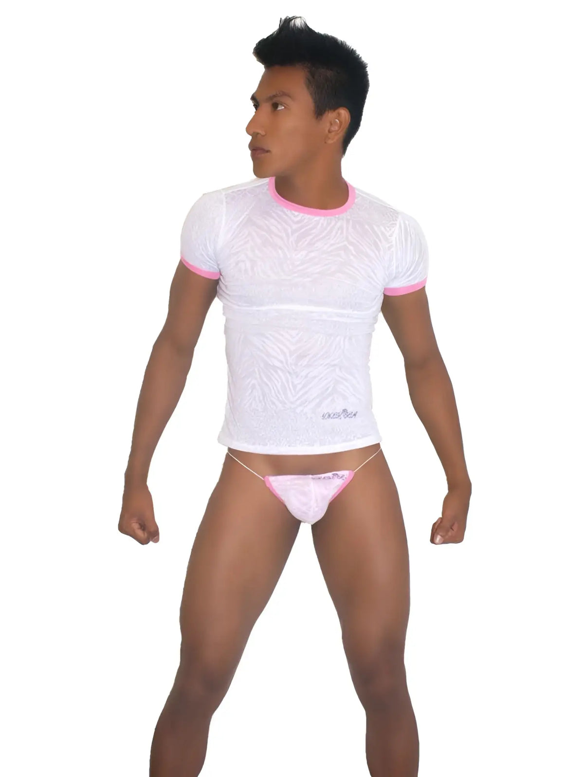 White textured short-sleeve t shirt with pink trim and matching pink briefs from icker sea devoured collection