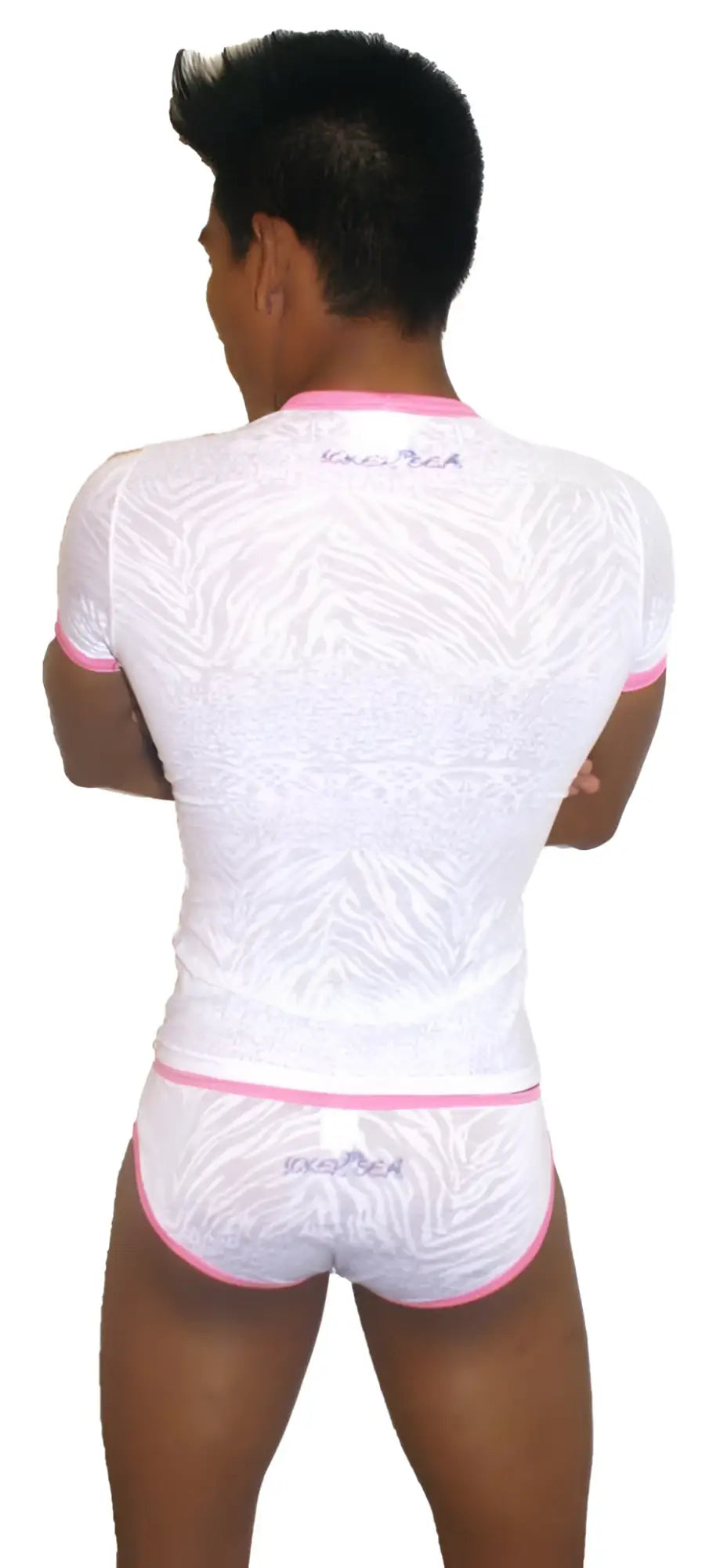 Icker Sea Devoured short sleeved t shirt pink white with white zebra print pink trim and shimmer finish with matching briefs