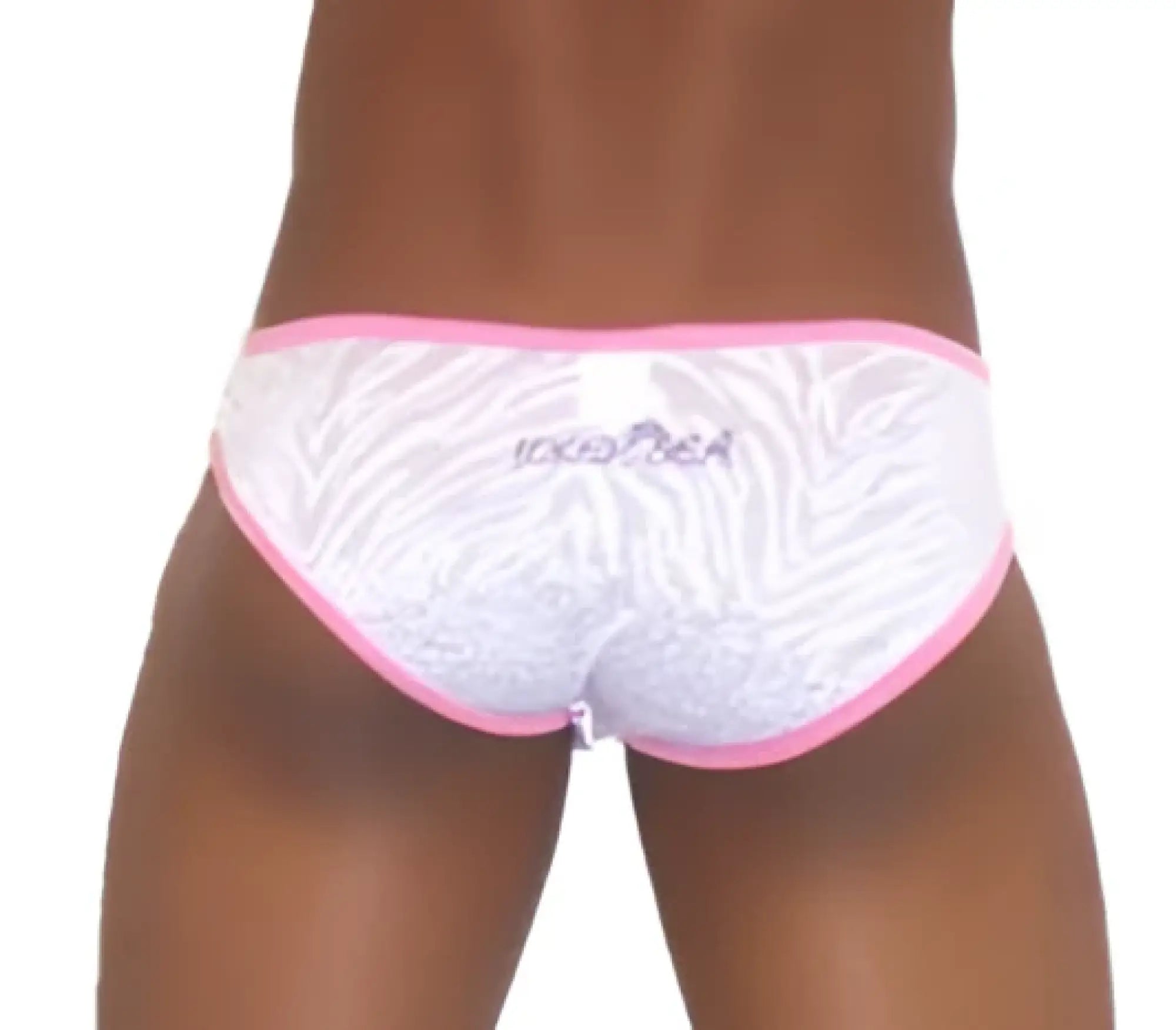 White lace briefs with pink trim and subtle zebra print featuring kissmea embroidery from icker sea devoured slip bikini underwear pink white cole-13-06