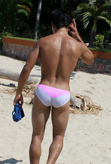 Pink and white sleek modern duotone bikini swimwear trunks by icker sea for stylish beachwear