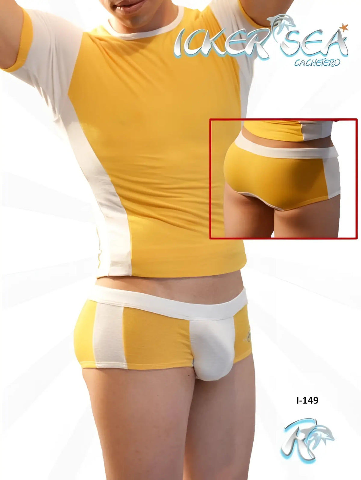 Icker Sea duotone men’s boxer briefs mango and white with yellow front panel and white striped side panels