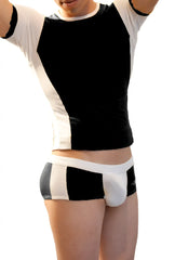 Icker Sea duotone matching t shirt and boxer brief set with black and white stripes and black velvet chest panel