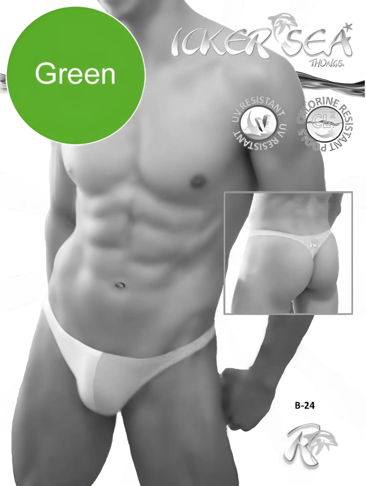White thong swim trunks by icker sea with uv and chlorine resistance in green and white sleek duotone design
