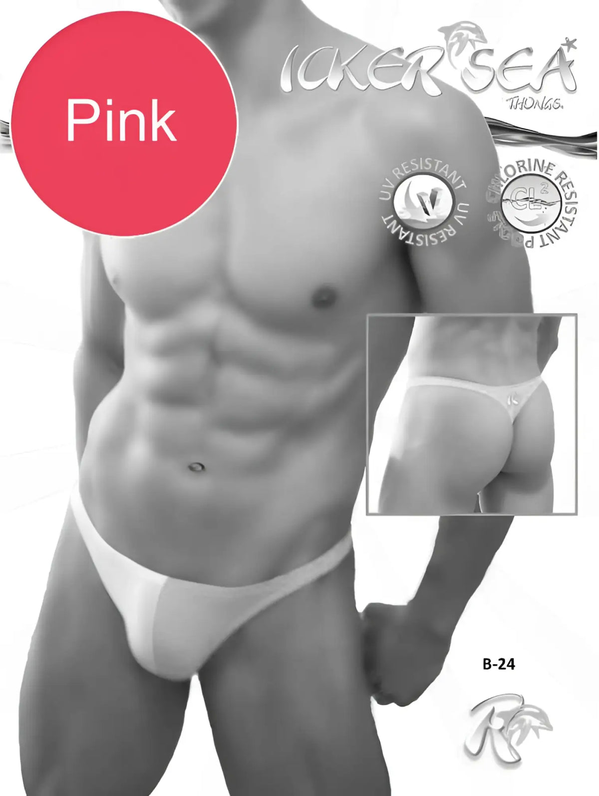 Pink icker sea duotone thong swimwear for men with minimalist design in pink and white shown from the back side
