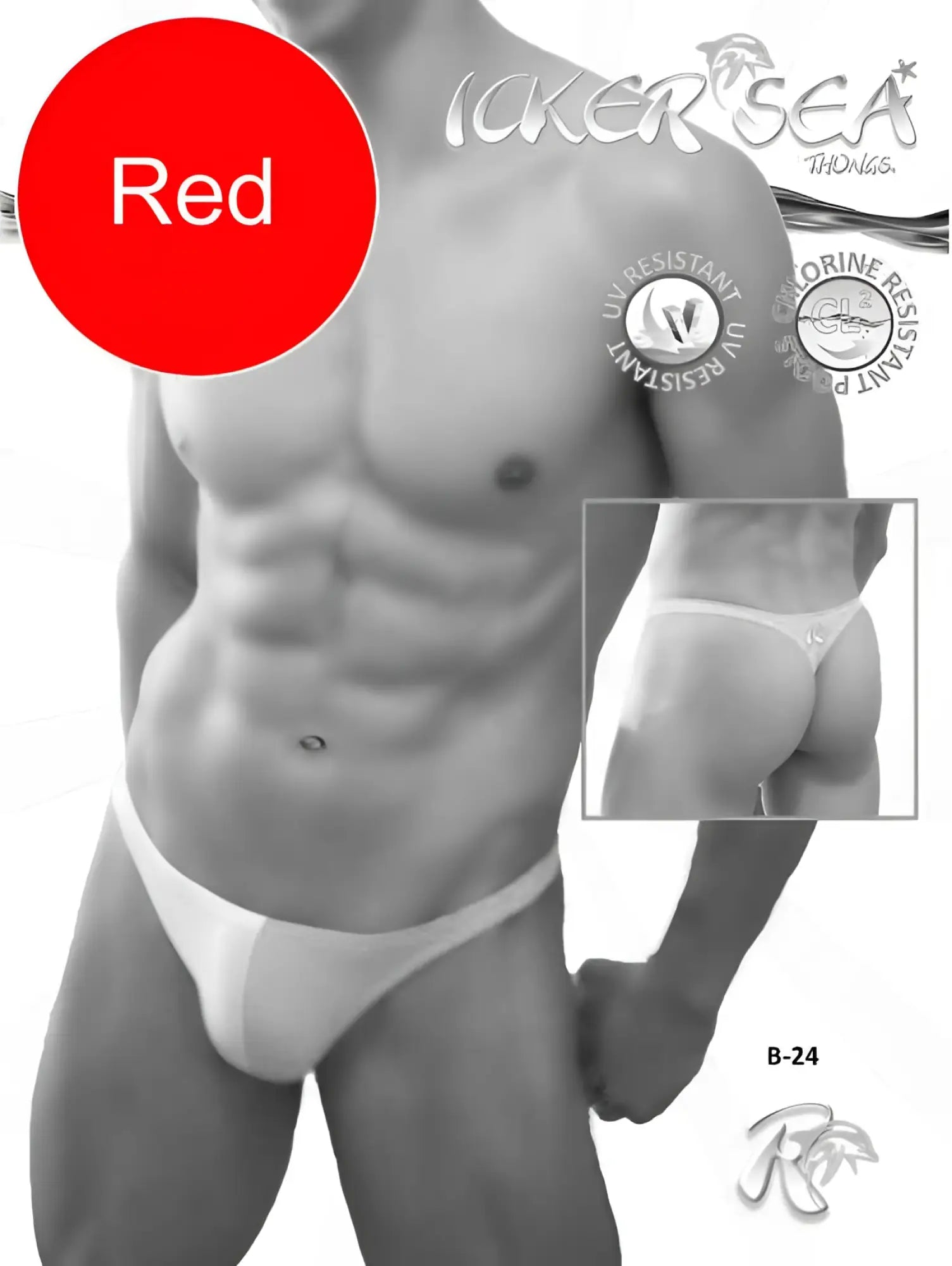 Red men’s thong by icker sea with minimalist design thin straps contoured cut in red and white for swimwear use