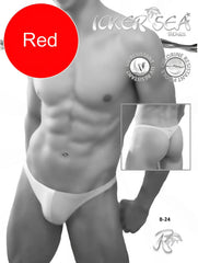 Red men’s thong by icker sea with minimalist design thin straps contoured cut in red and white for swimwear use