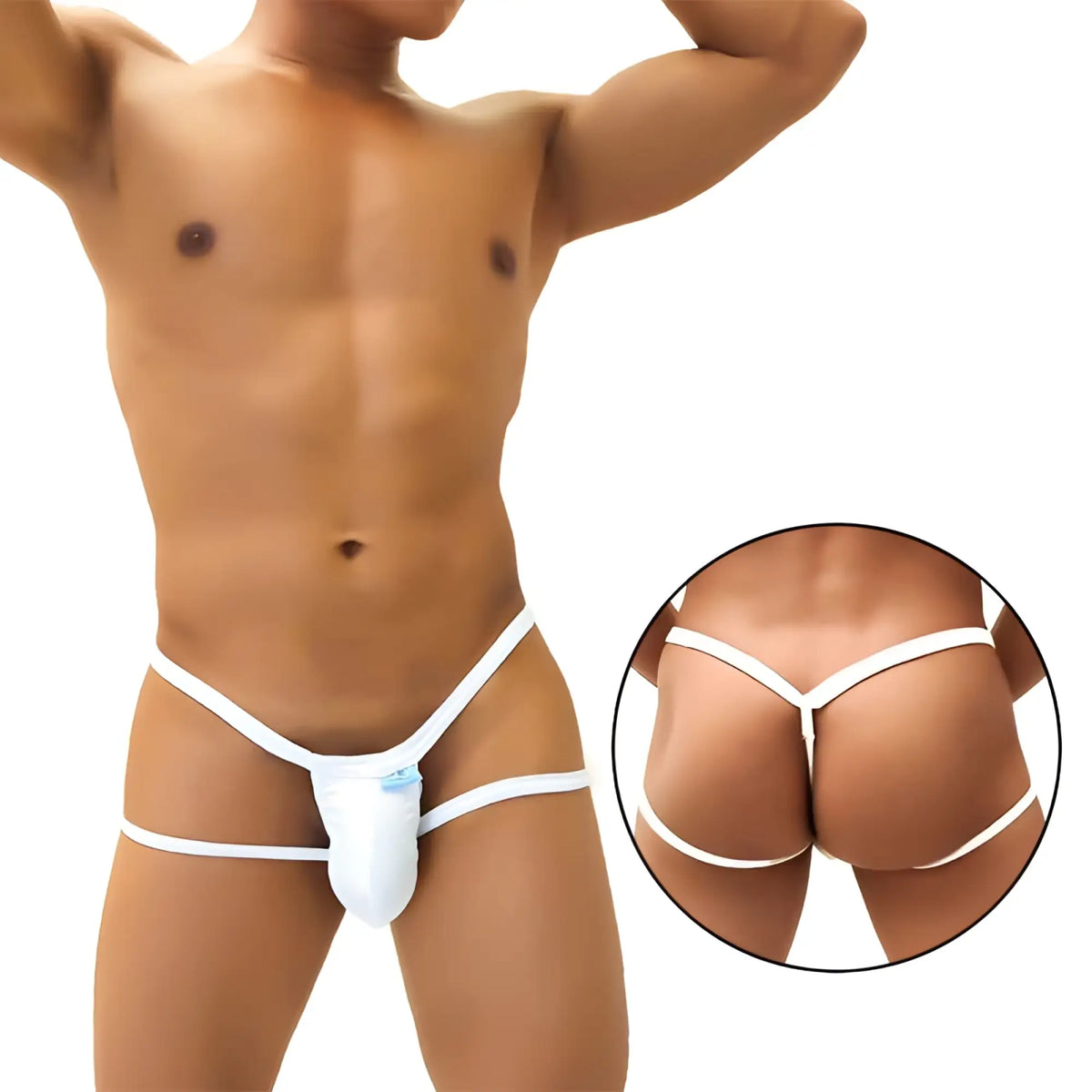 White Icker Sea Enhancement Micro Jock thong with supportive design and small blue tag at front for men