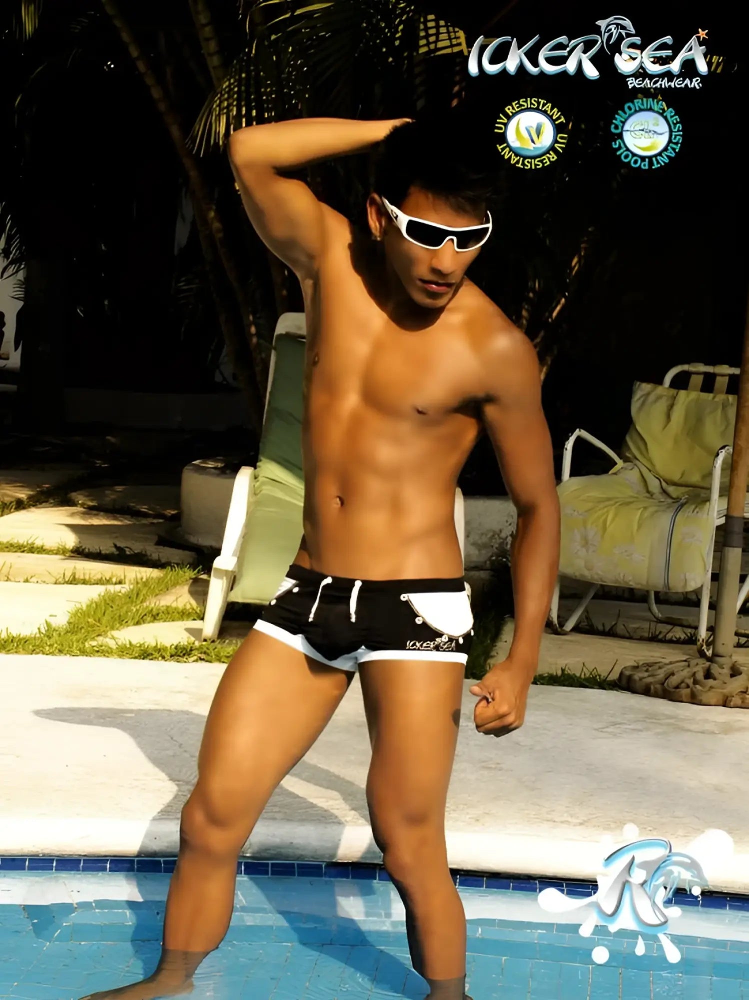 Black and white Icker Sea eyelets square cut trunk swimwear with logo on left leg for swim use