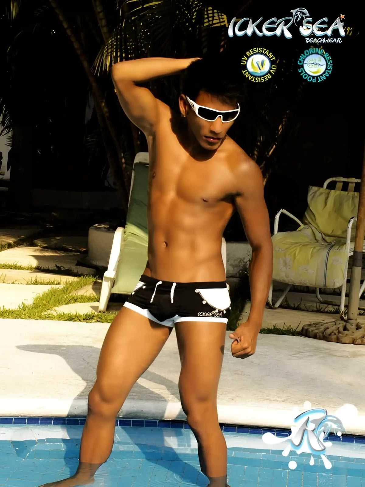 Black and white Icker Sea eyelets square cut trunk swimwear with logo on left leg for swim use