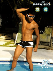 Black and white Icker Sea eyelets square cut trunk swimwear with logo on left leg for swim use