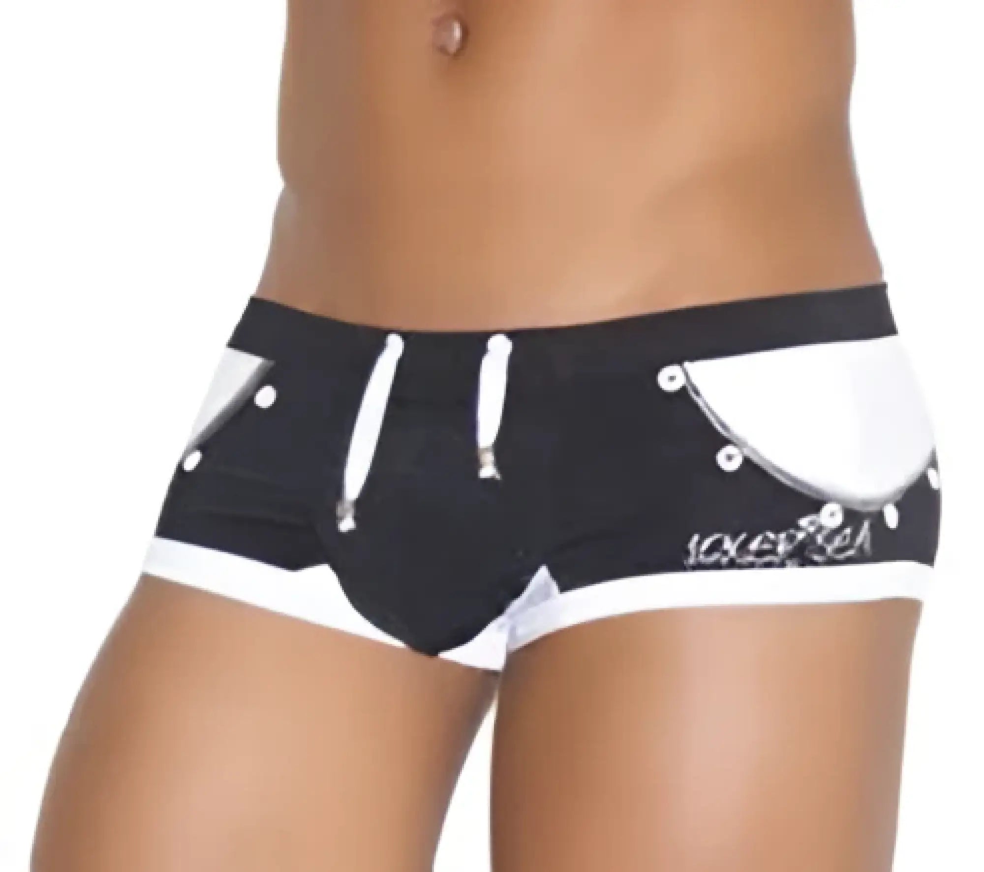 Black and white icker sea eyelets square cut trunk swimwear with white drawstrings silver rivet details and logo