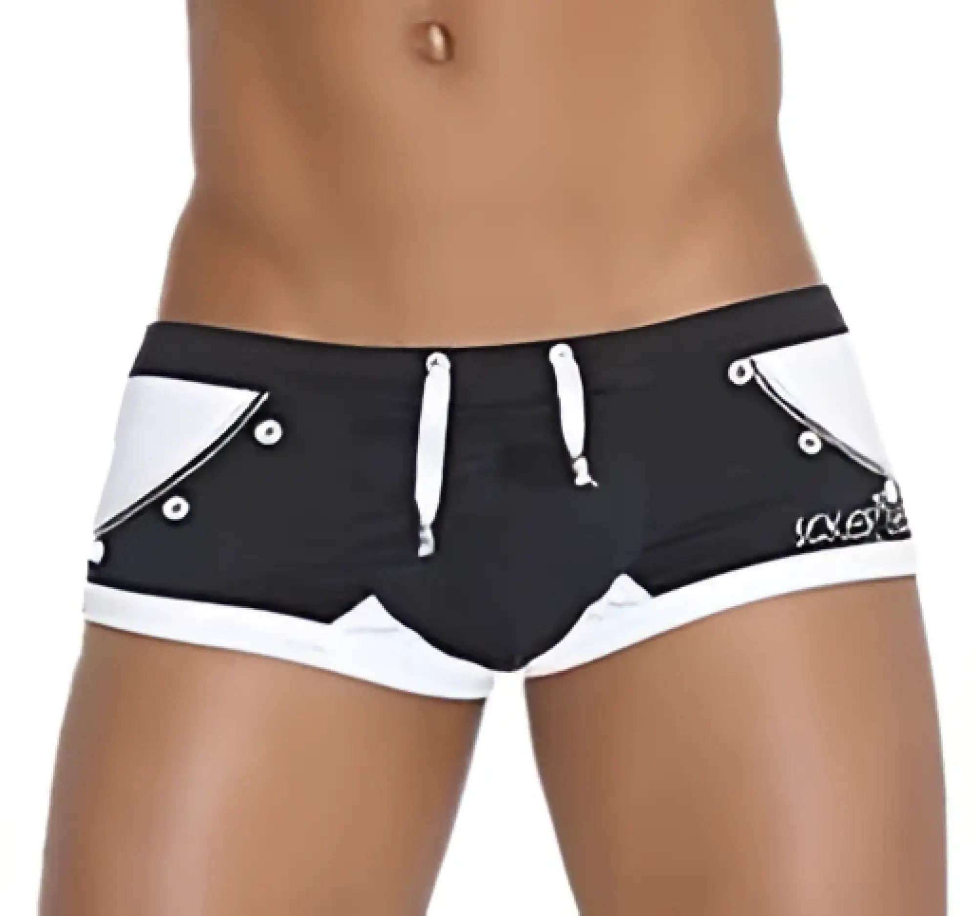 Icker Sea eyelets square cut trunk swimwear in black with white and distinctive buttoned side design