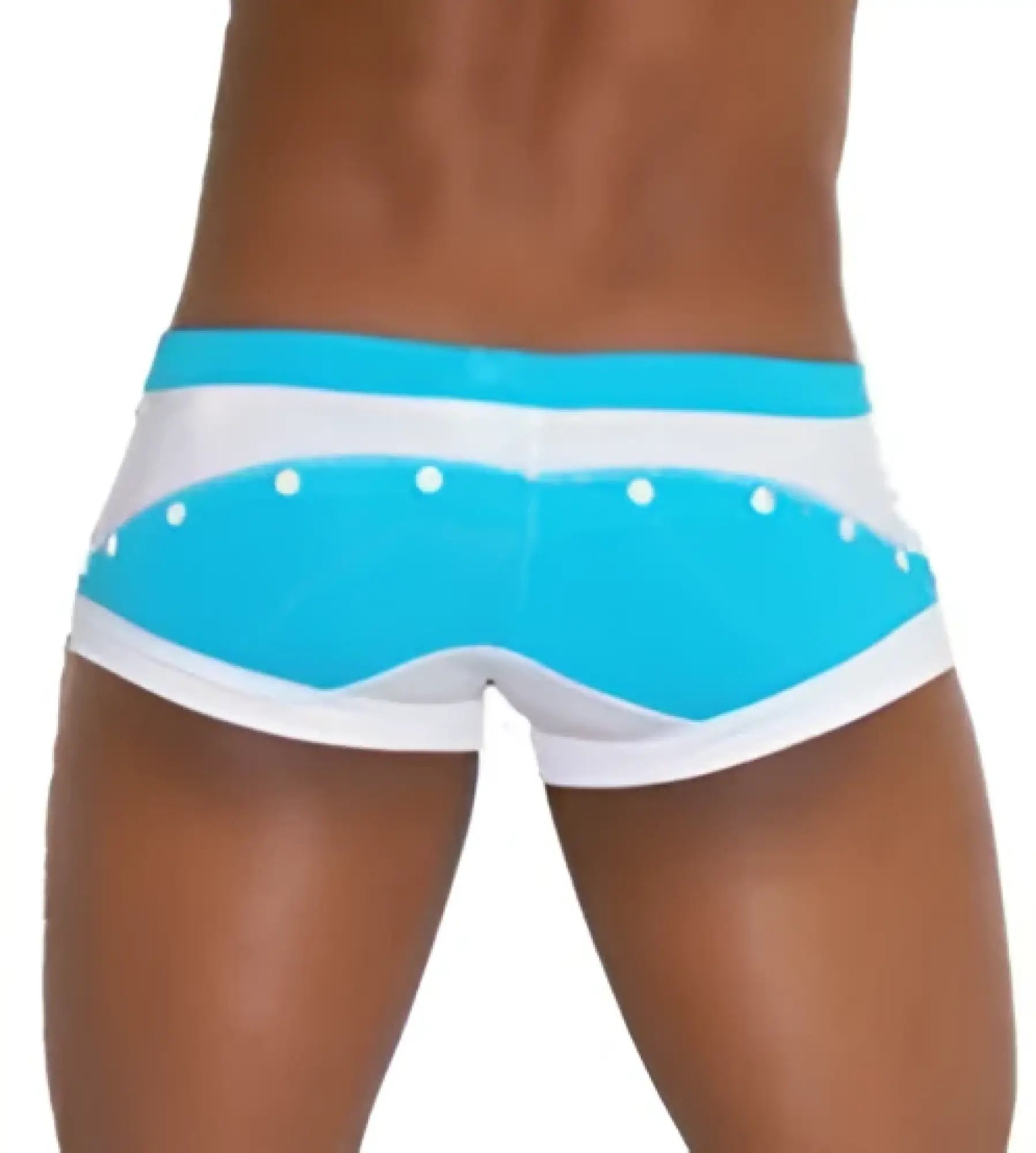 Icker Sea Eyelets square cut trunk swimwear in bright blue and white with dotted waistband pattern