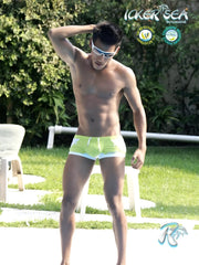 Icker Sea eyelets square cut trunk swimwear in bright lime green and white with a sleek modern design