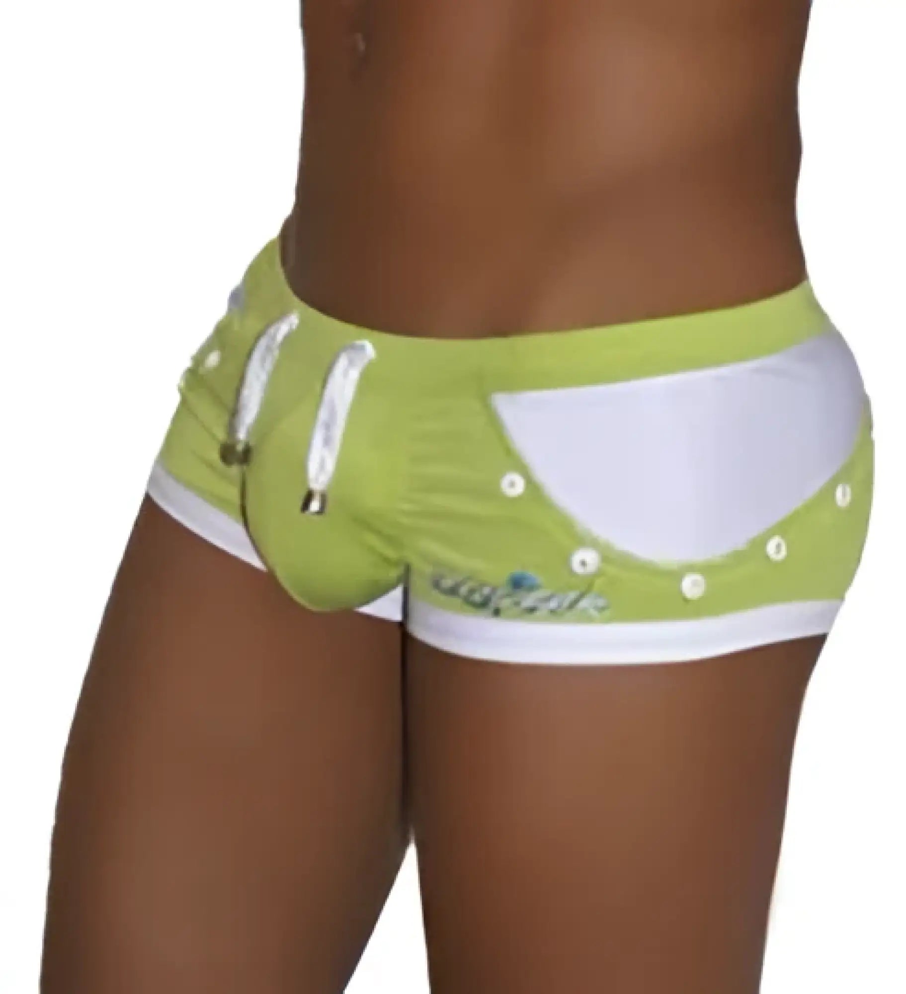 Icker sea eyelets square cut trunk swimwear green with lime green white circular cutouts decorative buttons elastic waistband