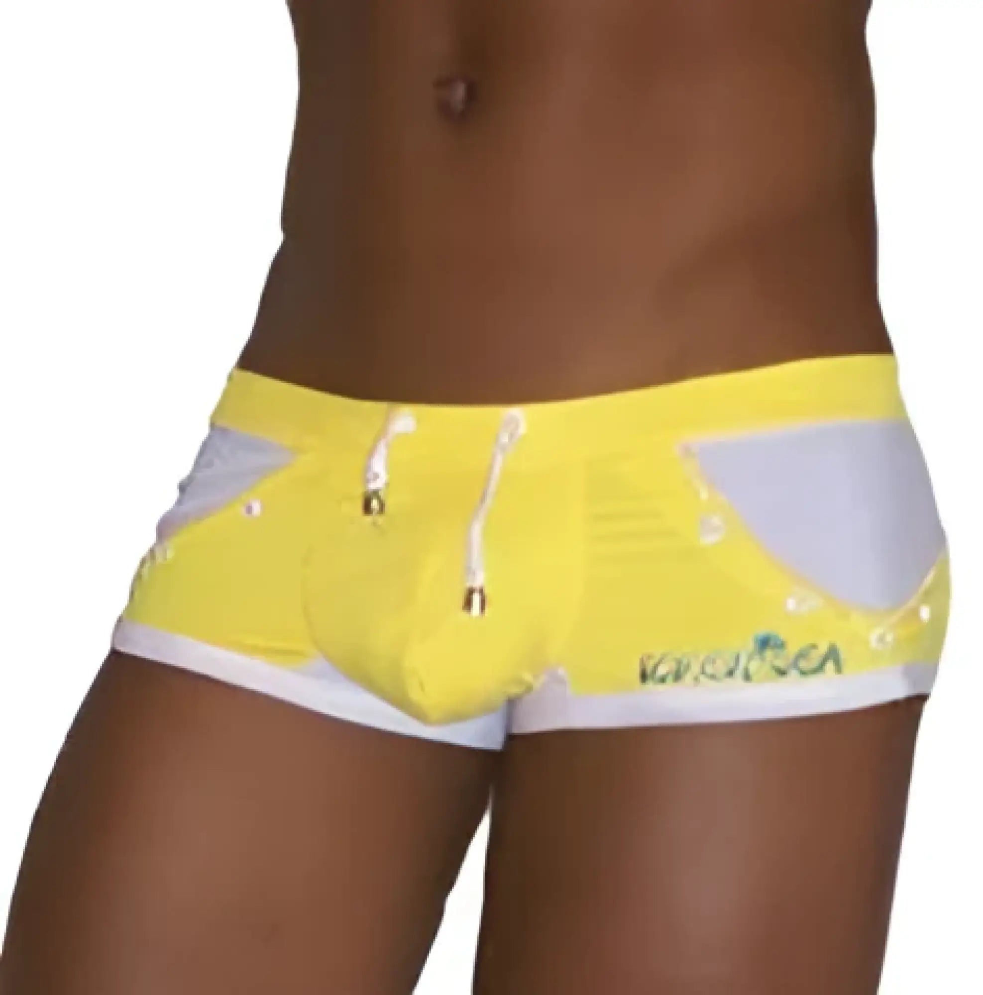 Icker sea eyelets square cut trunk swimwear in bright yellow with white gray accents and branded side logo