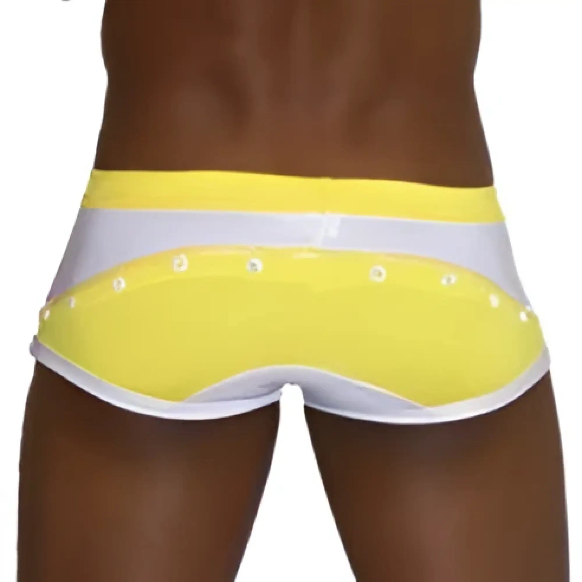 Icker Sea eyelets square cut trunk swimwear in bright yellow and white with a glossy finish and mango color accents