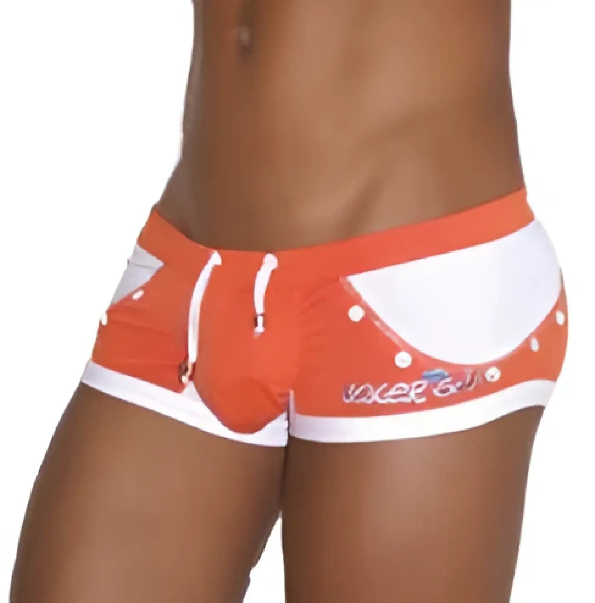 Icker Sea Eyelets square cut trunk swimwear in orange with white polka dots lace trim and sakker branding