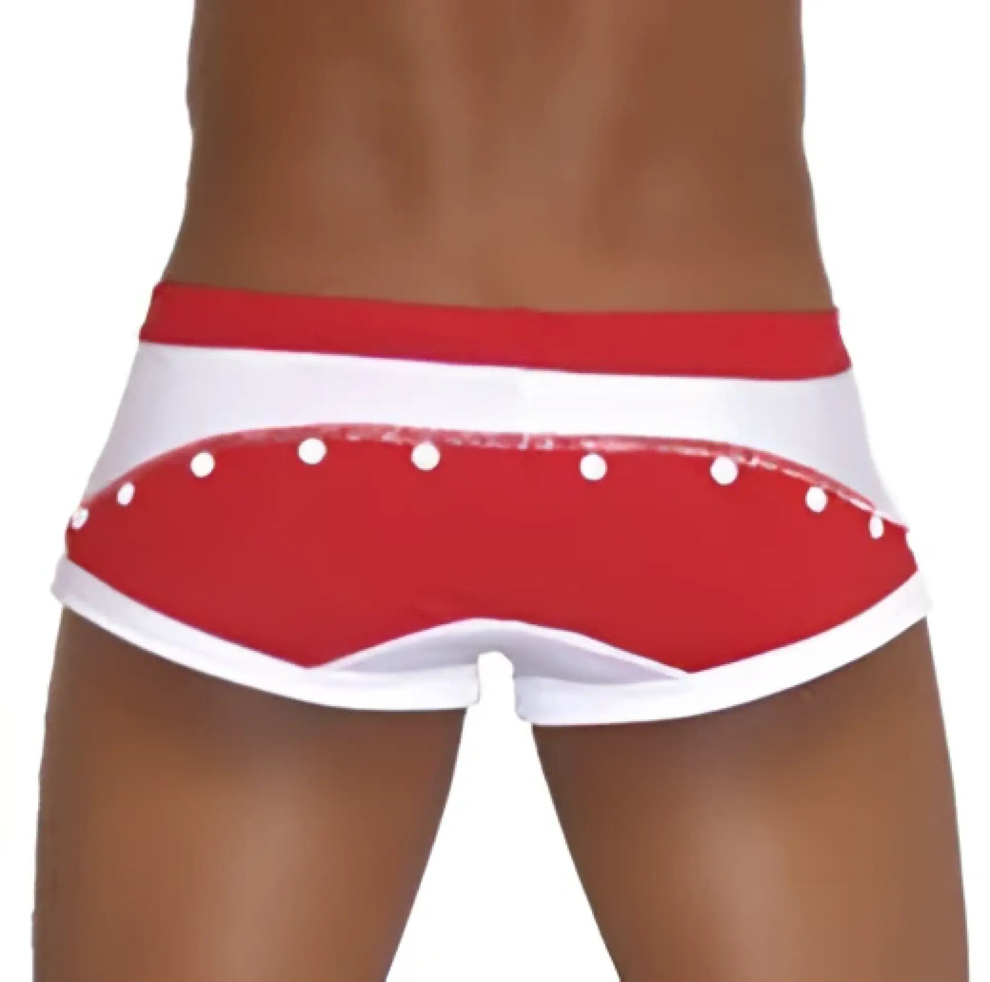 Icker sea eyelets red and white square cut swim trunks with studded waistband designed for swimwear use
