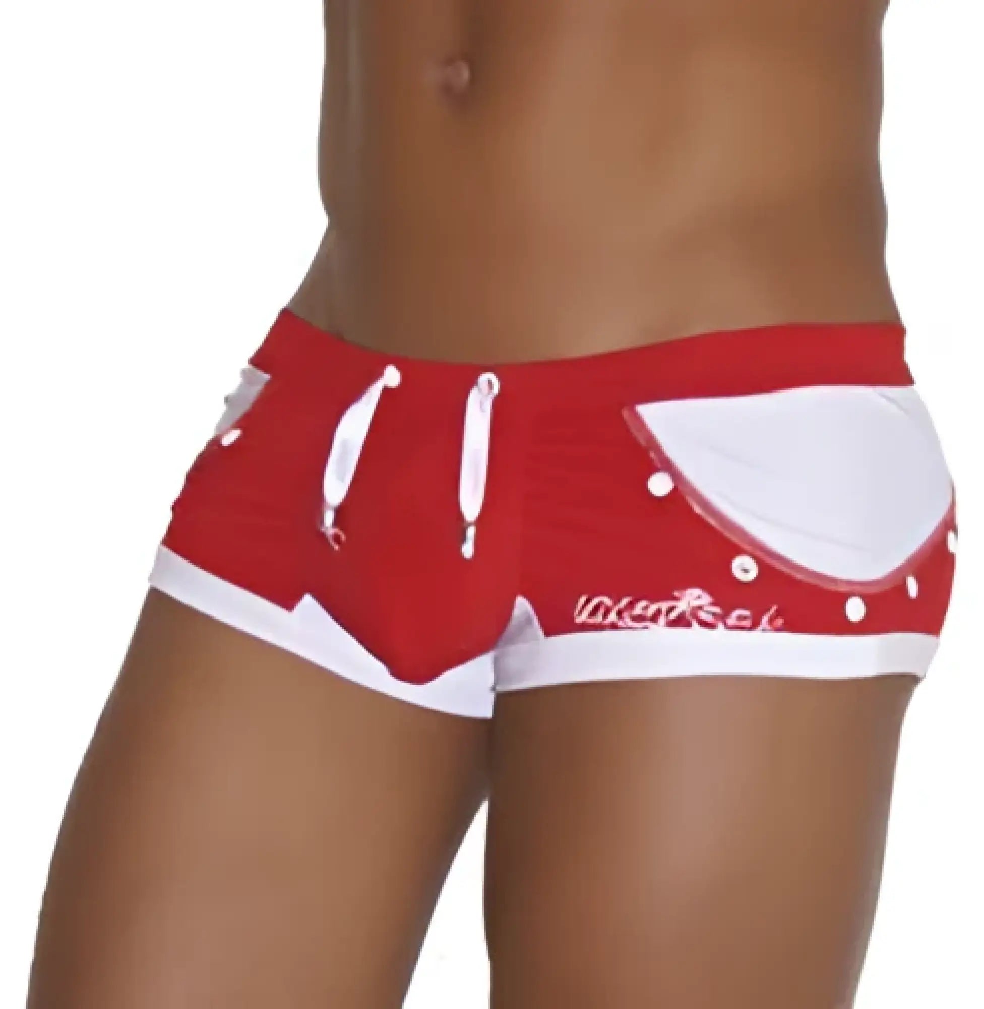 Icker Sea eyelets square cut trunk swimwear in red with white playful design and decorative stitching details