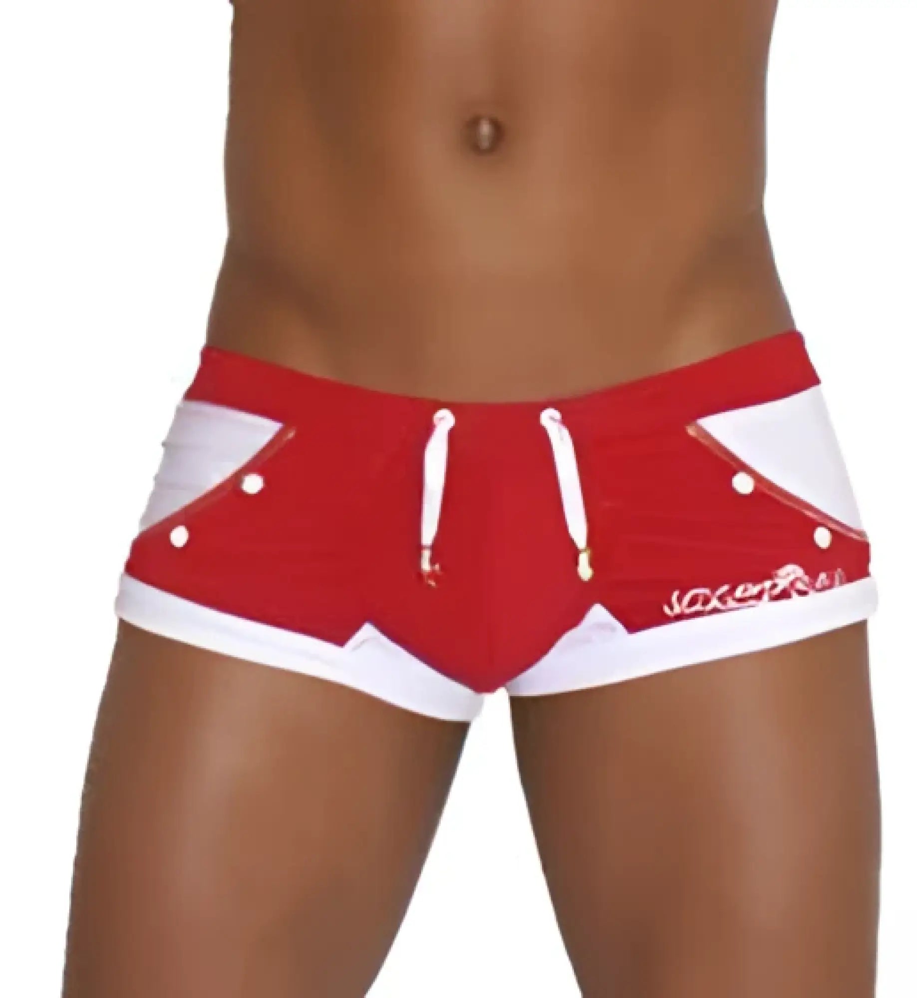 Icker sea eyelets square cut trunk swimwear in red with white swim trunks featuring bold geometric design and silver buttons