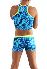 Icker sea flowers matching tank top and boxer brief set in blue with neon yellow tropical floral pattern for activewear