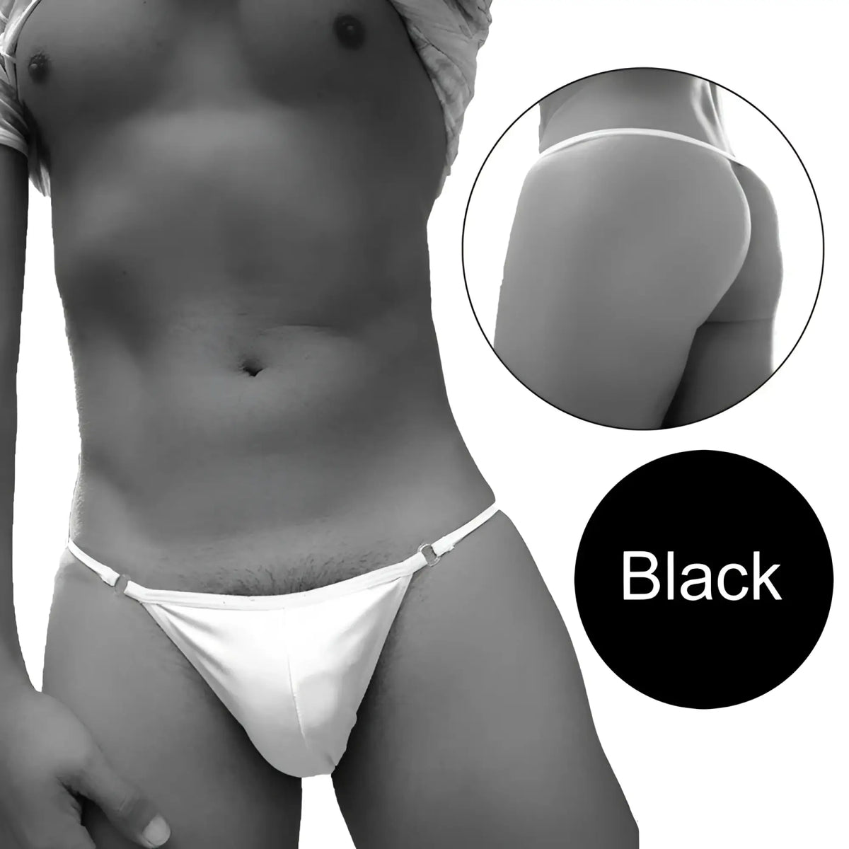 Black thong underwear with thin adjustable straps and a seamless design from icker sea free access mini suspensor ring pouch