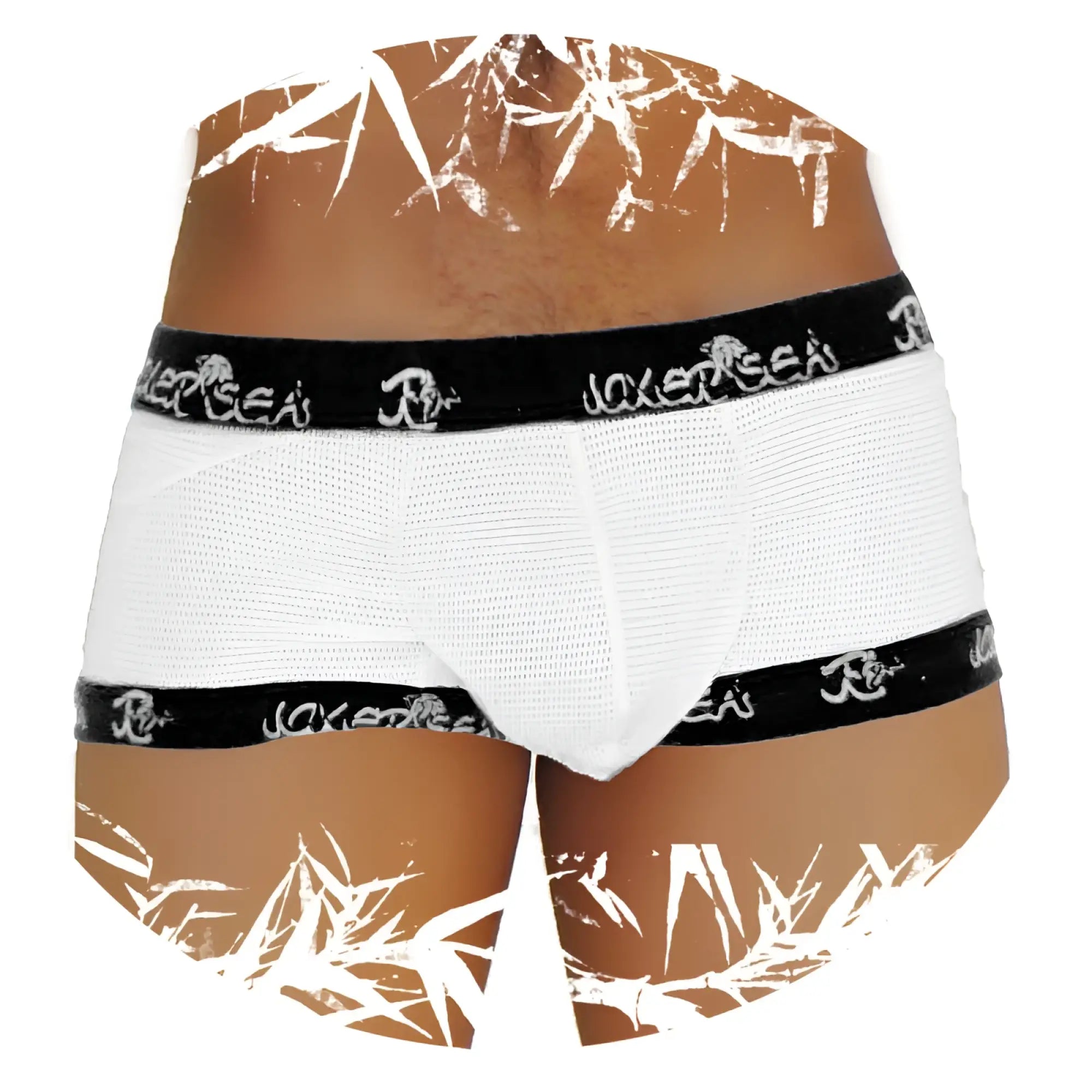 White mesh boxer briefs with black elastic waistband and leg bands featuring repeating joker sea logo in white