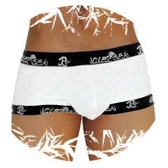 White mesh boxer briefs with black elastic waistband and leg bands featuring repeating joker sea logo in white