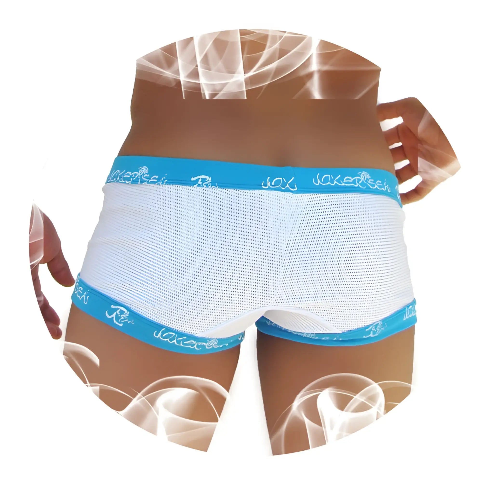 Icker sea fresh dots logo trim boxer brief underwear in white mesh with blue elastic waistband and joker logo trim
