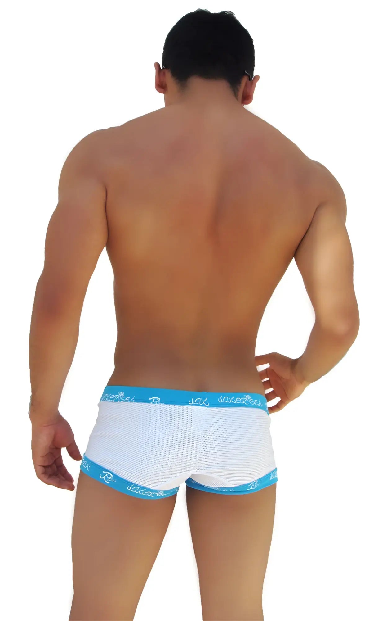 Icker Sea Fresh Dots logo trim boxer brief underwear in white mesh with light blue trim and subtle logo waistband pattern