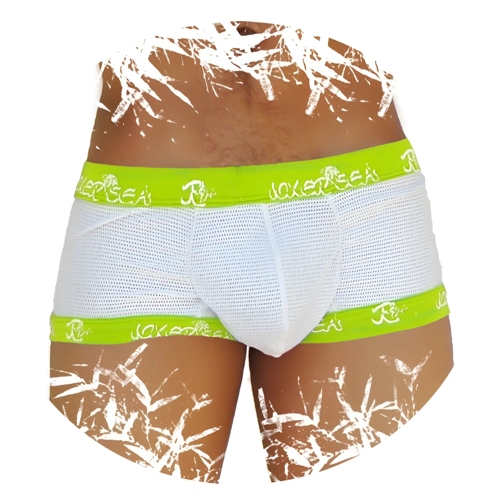 White mesh boxer briefs with lime green elastic trim and repeating Icker Sea fresh dots logo in white script