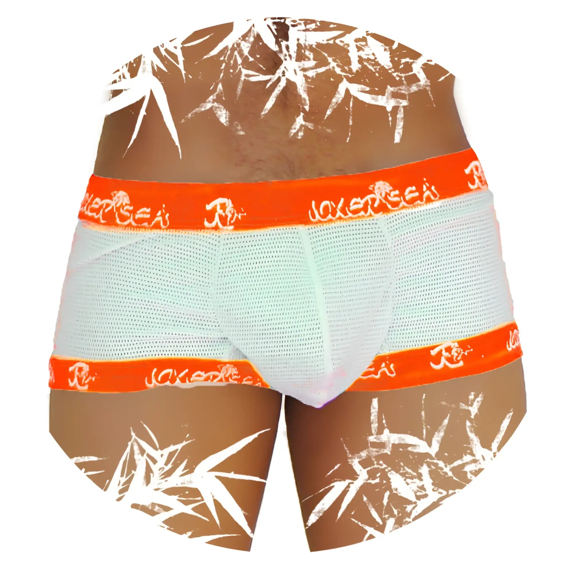 Icker Sea fresh dots light blue mesh briefs with orange elastic waistbands and white bamboo leaf pattern