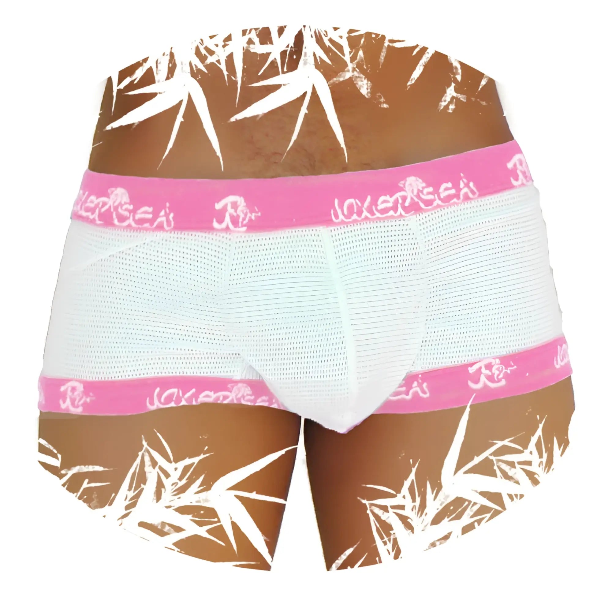 Icker Sea fresh dots logo trim pink mesh boxer briefs with bamboo leaf pattern and pink elastic bands on brown fabric