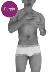 Purple icker sea fresh dots mesh boxer briefs with white elastic waistband featuring repeating logo text