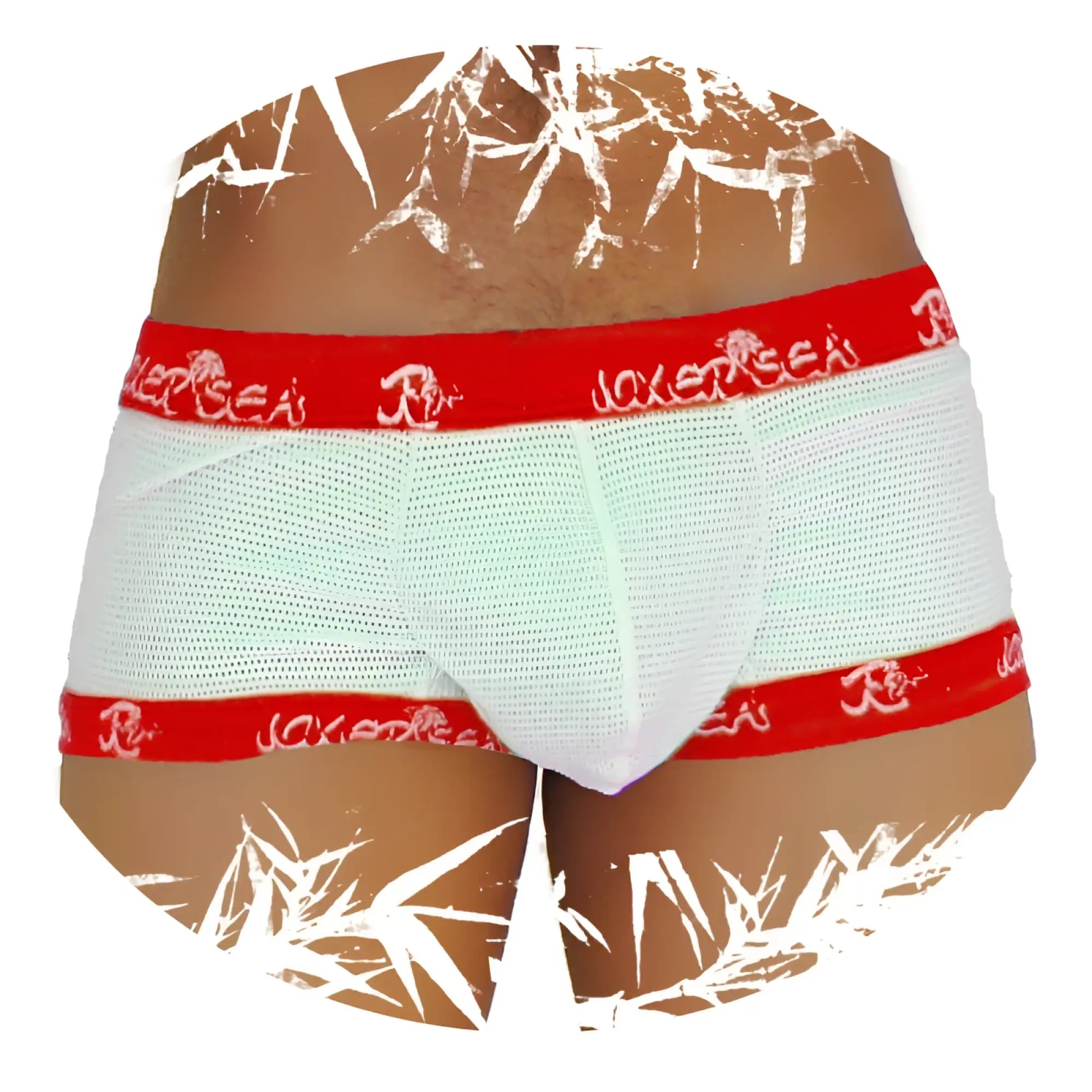 White mesh boxer briefs with red elastic waistband and legs featuring repeating jackersea logo in white lettering