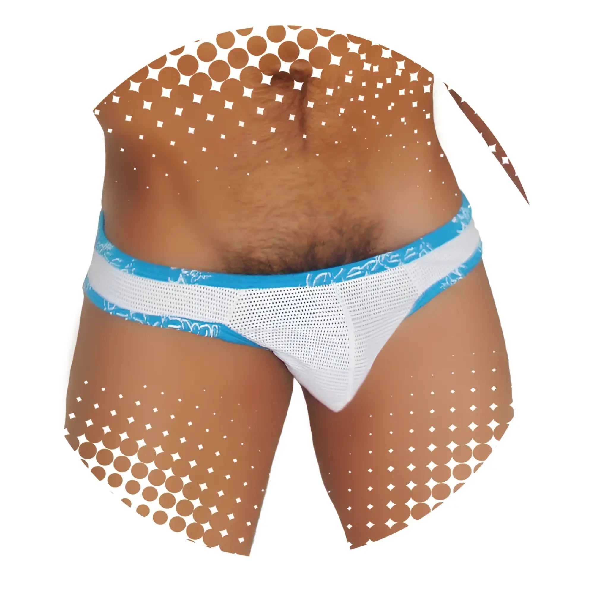 White mesh icker sea fresh dots logo trim brazilian thong underwear with blue trim and patterned waistband