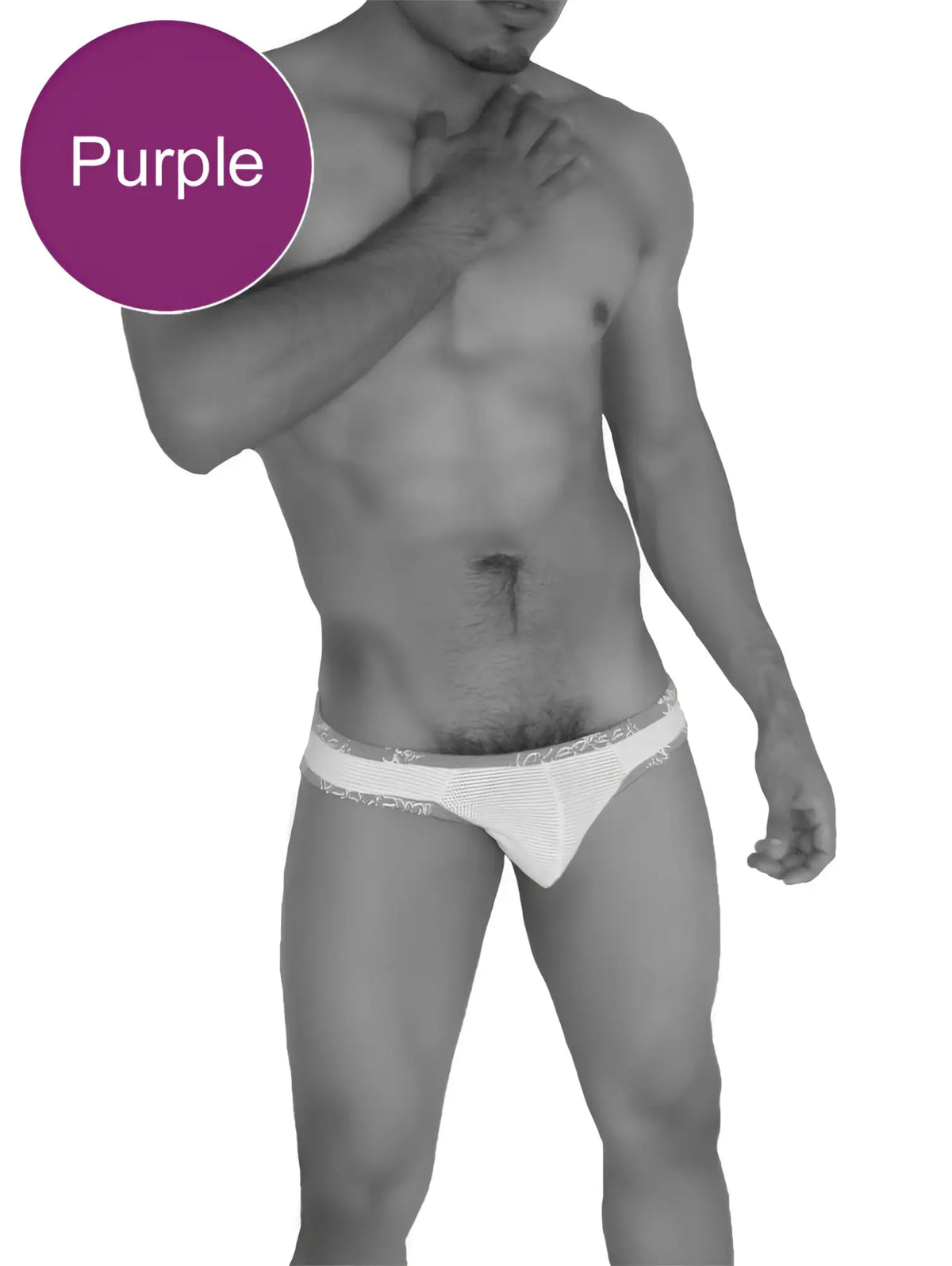 Purple mesh brazilian thong underwear with white waistband and subtle fresh dots logo trim by icker sea