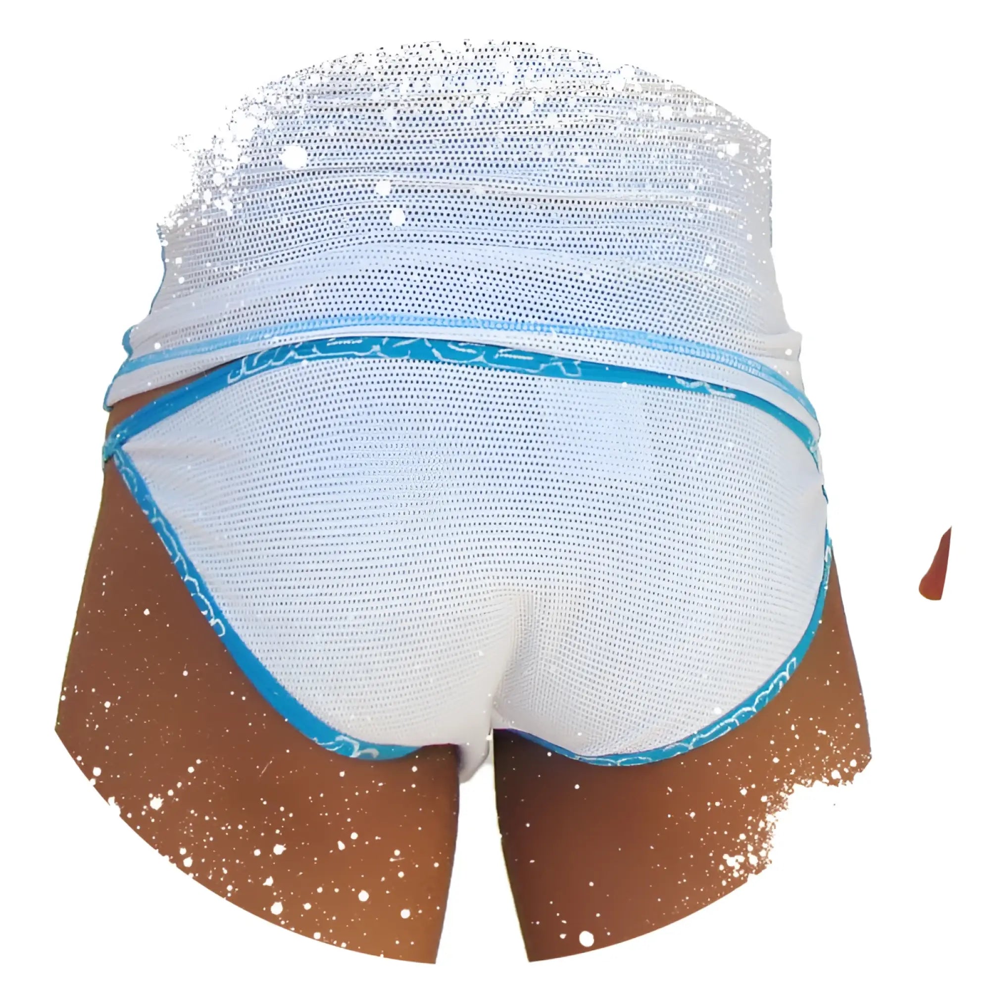 Icker Sea Fresh Dots white mesh swim trunks with blue trim and silver sequins along the waistband