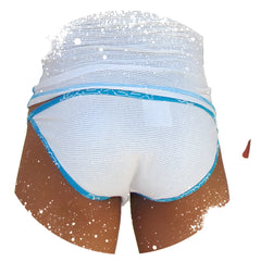 Icker Sea Fresh Dots white mesh swim trunks with blue trim and silver sequins along the waistband