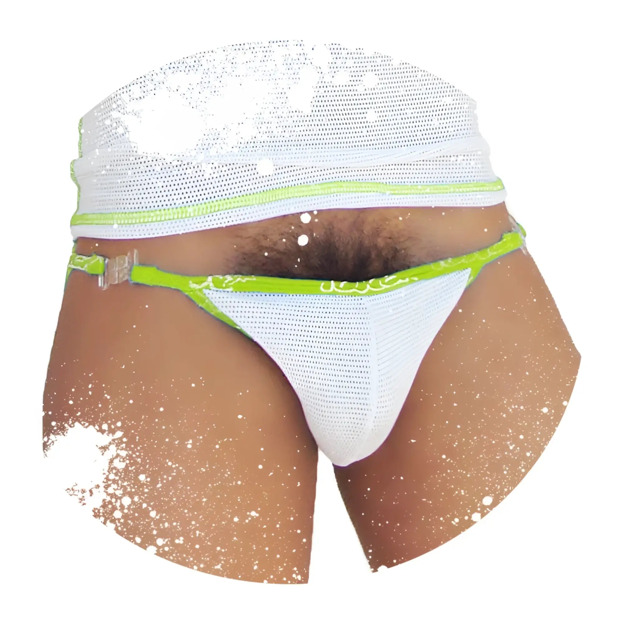 White mesh microslip briefs with neon green trim and sparkling sequined waistband from icker sea fresh dots collection
