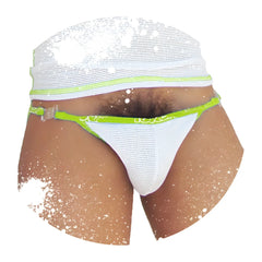 White mesh microslip briefs with neon green trim and sparkling sequined waistband from icker sea fresh dots collection