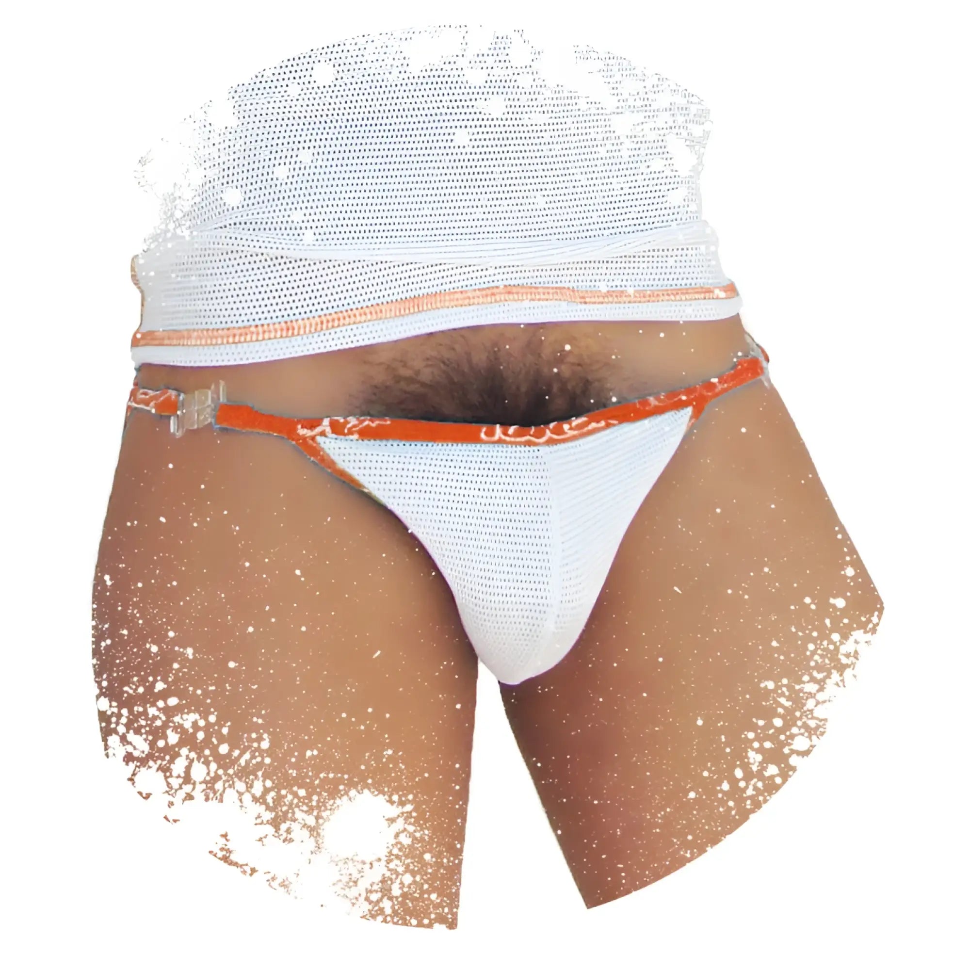 White mesh thong with orange trim and clear plastic buckle from icker sea fresh dots logo trim microslip bikini underwear