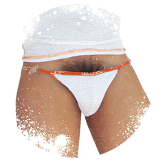 White mesh thong with orange trim and clear plastic buckle from icker sea fresh dots logo trim microslip bikini underwear