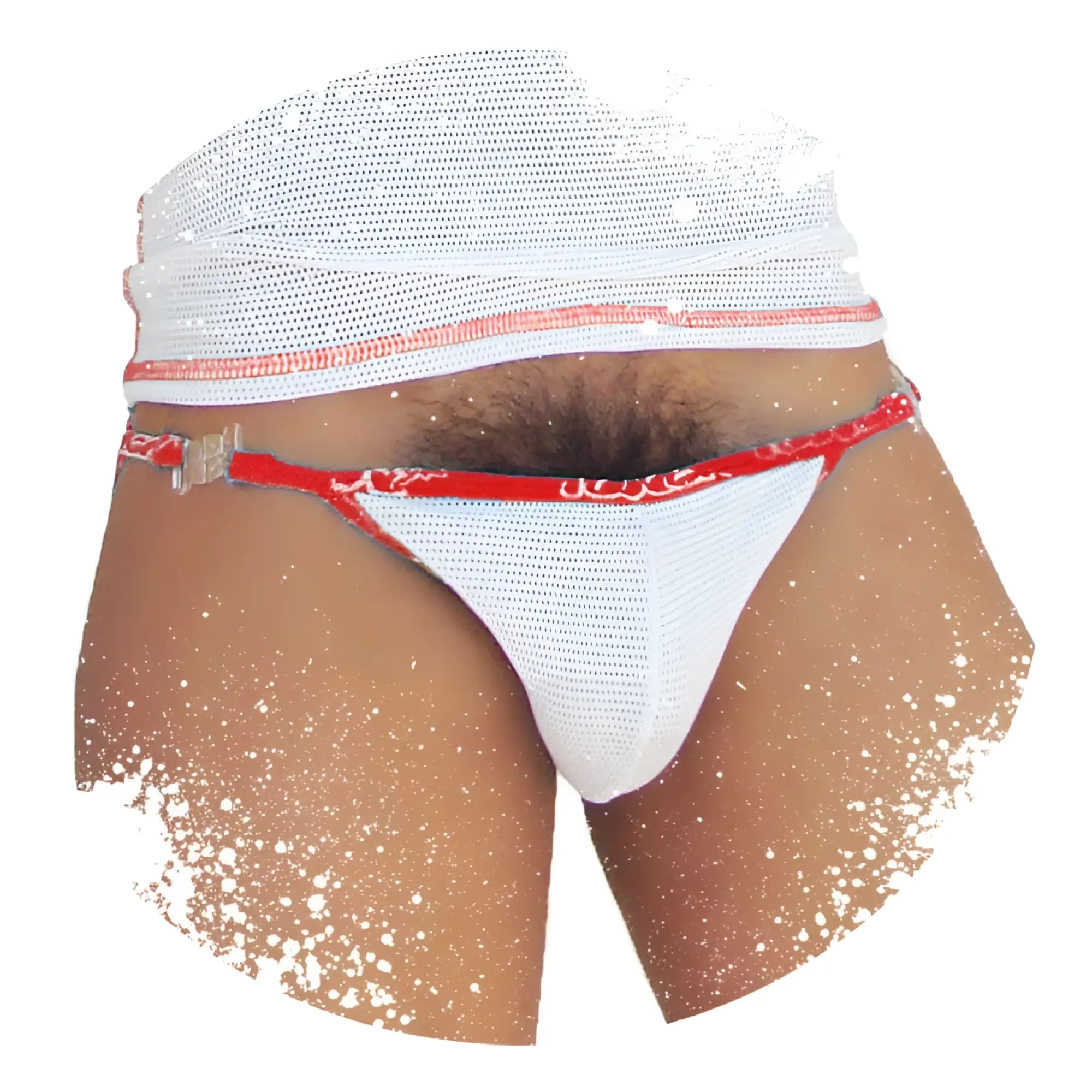 Icker Sea Fresh Dots logo trim microslip bikini underwear in white mesh with red trim and clear plastic buckle