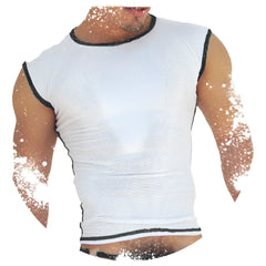 Icker Sea fresh dots white mesh sleeveless top with black trim along neckline armholes and hem